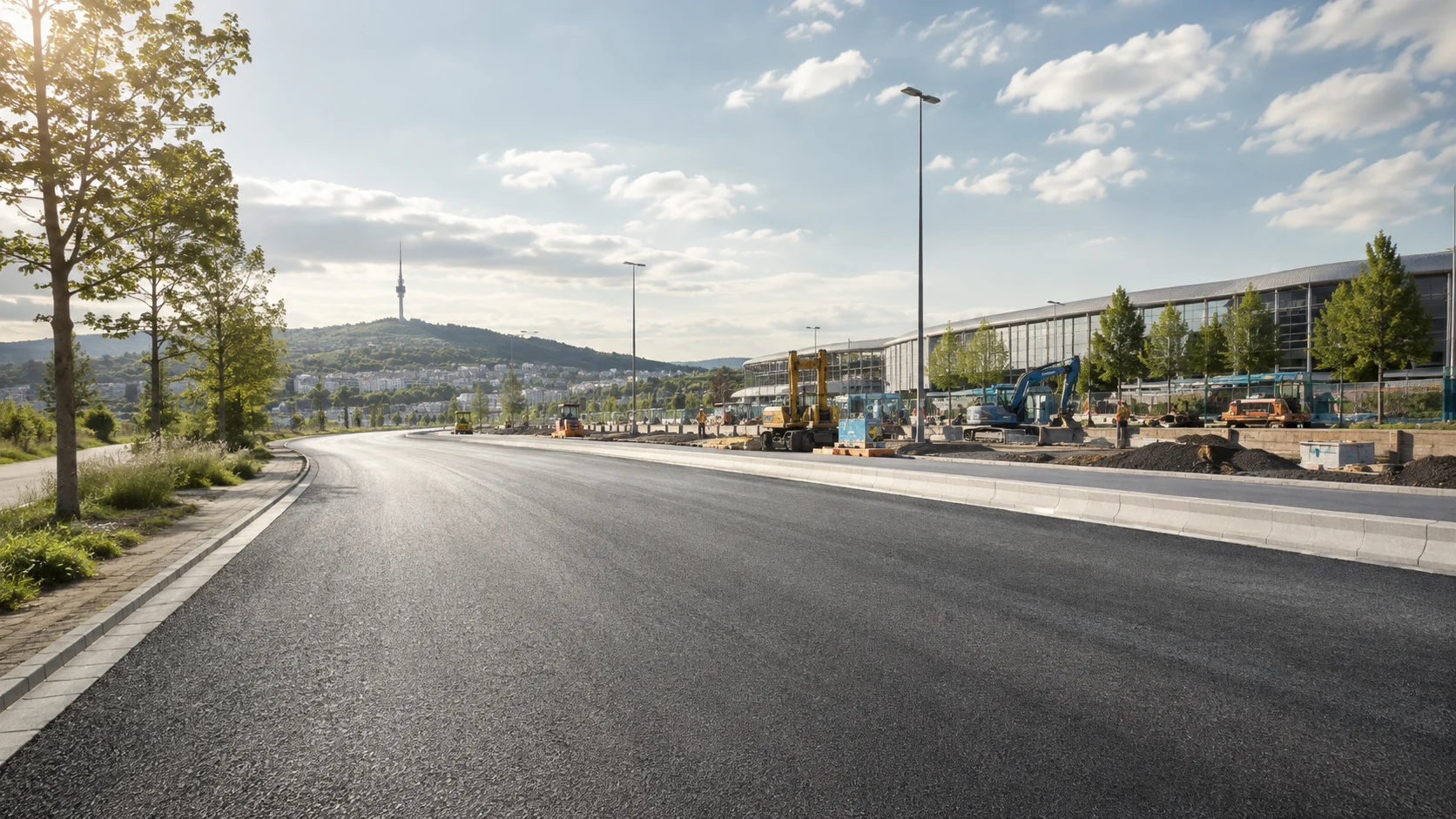 Neu gebaute Erschließungsstraße mit angrenzender Baustelle und Baumaschinen