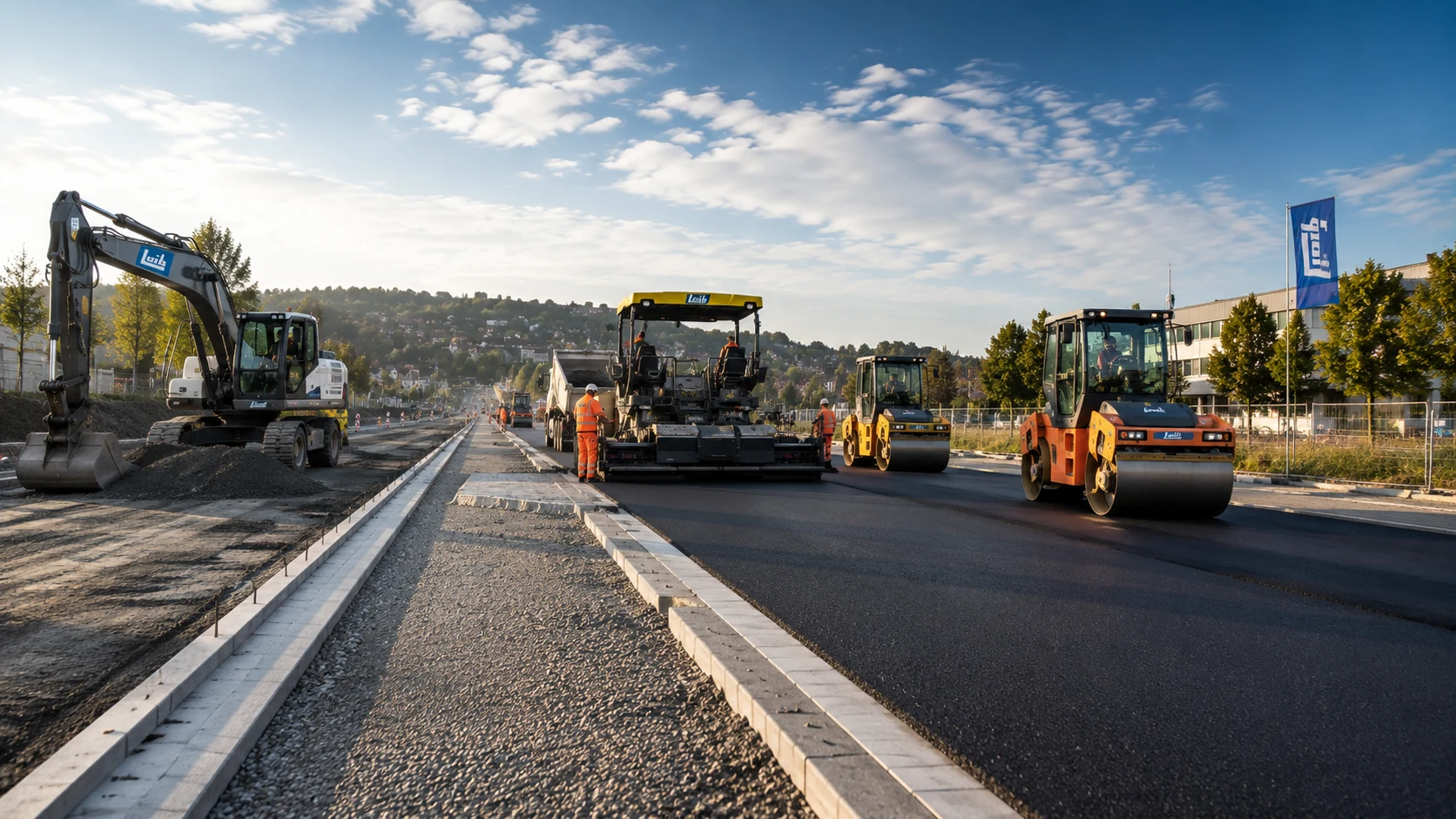 Straßenbaustelle: Bagger am Unterbau, Fertiger beim Asphalteinbau und Walzen auf der fertigen Decke